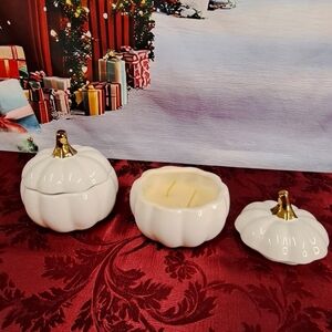 White Ceramic Pumpkin Candle with Gold Stem -